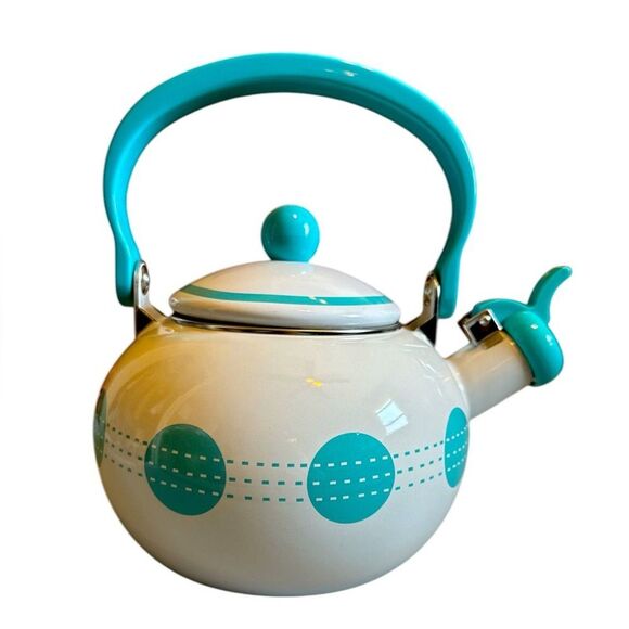 CORELLE Coordinates 2 Qt Whistling Tea Kettle South Beach Turquoise Polka Dots - Picture 1 of 6